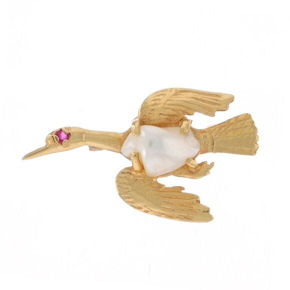 Yellow Gold Cultured Pearl & Ruby Flying Goose Brooch - 14k Baroque Bird Pin